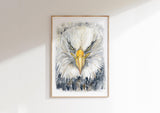 Close-up watercolour of a bald eagle’s head with sharp eyes and fine feather detail.