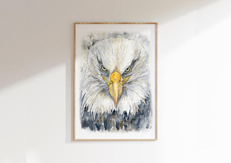 Close-up watercolour of a bald eagle’s head with sharp eyes and fine feather detail.