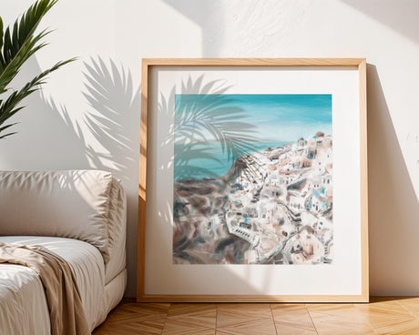 Expressive coastal print showing Oia in Santorini with muted Mediterranean colours and loose brushstrokes.