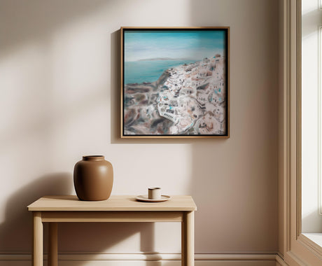 Wall art print of a Greek village painted loosely in earthy browns, sky blues and soft greys.