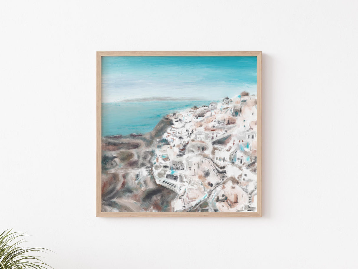 Echoes of the Aegean collection print featuring Oia on Santorini’s hillside in abstract watercolour style.