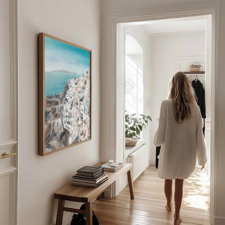 art print of Santorini’s Oia hillside painted loosely in calming coastal tones of blue, brown, and grey.