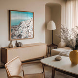Abstract-style Greek village artwork with soft brushstrokes and a muted Mediterranean palette.