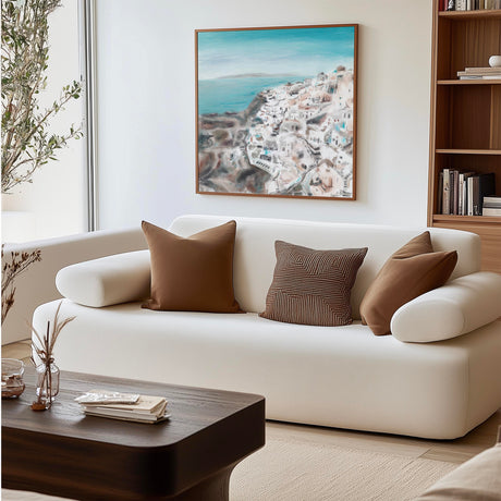 Loose watercolour print of Oia village in Santorini painted in soft blue, sandy brown, and grey tones.