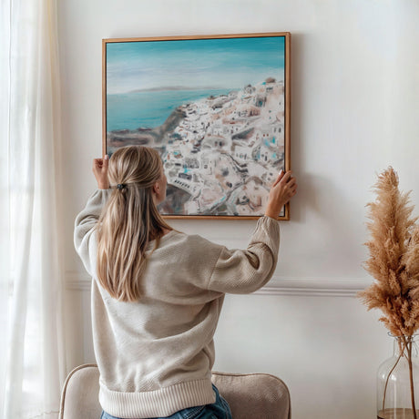 Impressionistic artwork of a Greek hillside village with a dreamy, sun-soaked colour palette.