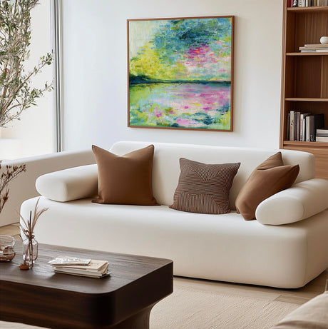 'Echoes in Still Water' - Abstract oil painting print with serene sky and landscape.