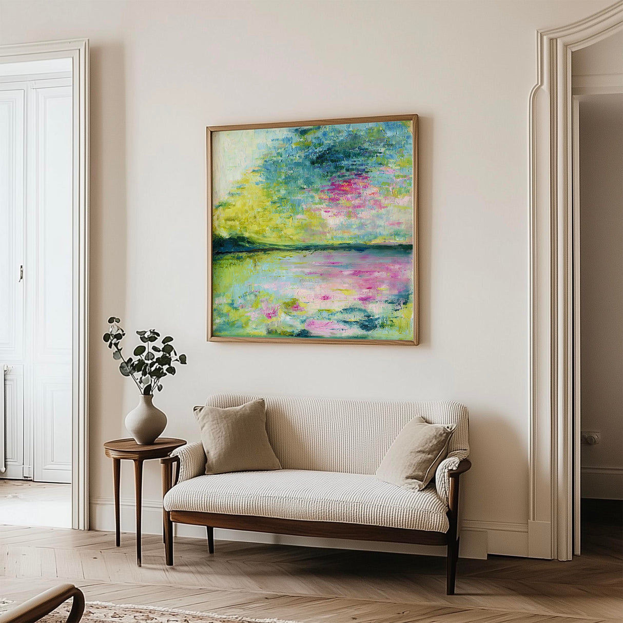 'Echoes in Still Water' - Peaceful abstract print in calming blue, green and pink colours.