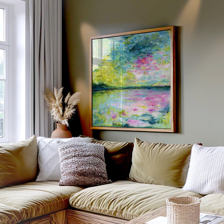 'Echoes in Still Water' - Abstract waterscape wall art print with calming blue, green, and pink tones.