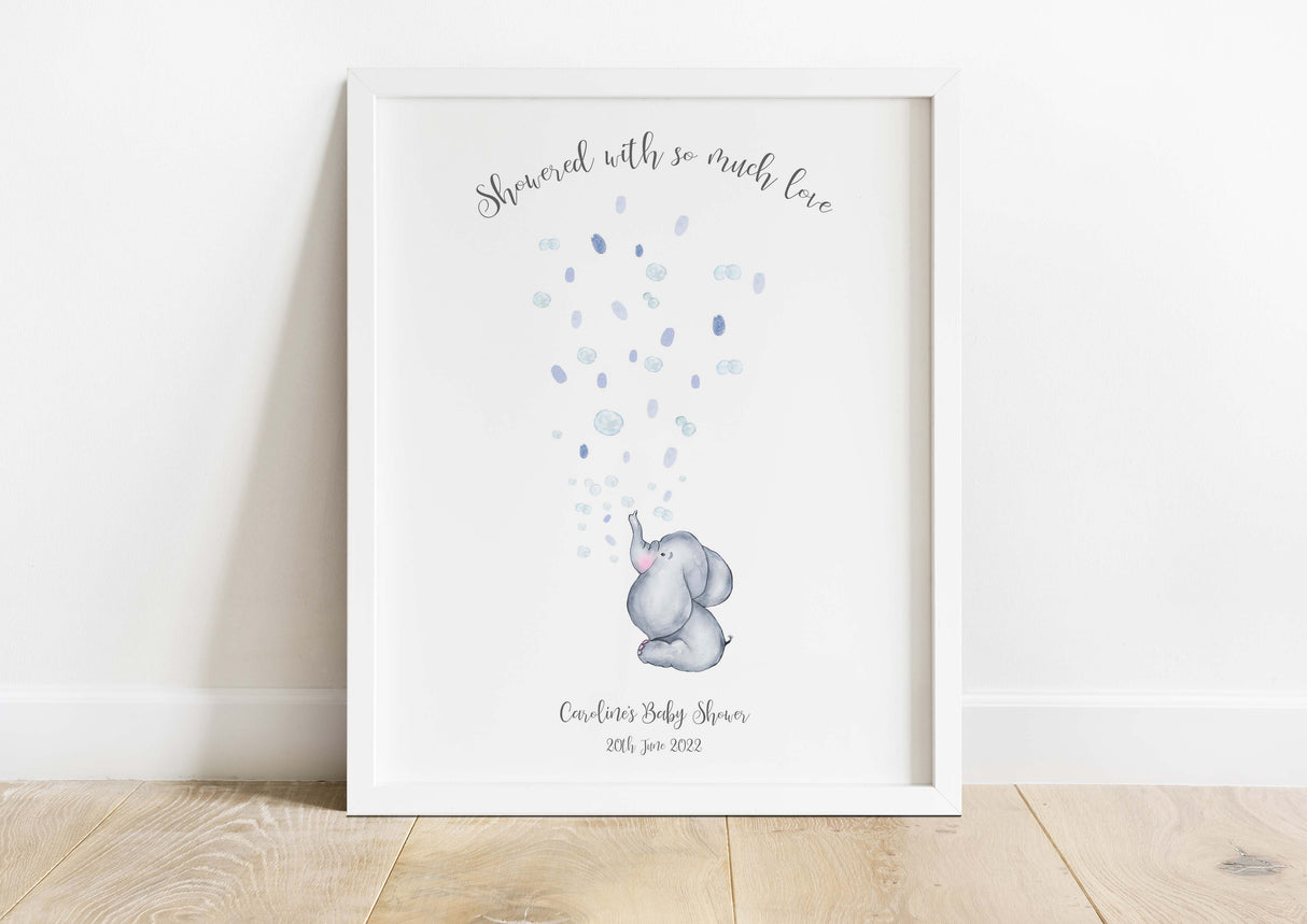 Baby shower fingerprint art with elephant, Elephant-inspired fingerprint guestbook alternative, Elephant-themed fingerprint tree print