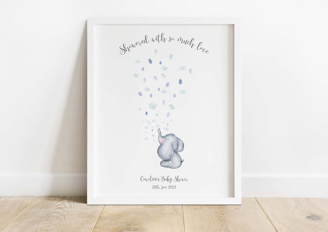 Baby shower fingerprint art with elephant, Elephant-inspired fingerprint guestbook alternative, Elephant-themed fingerprint tree print