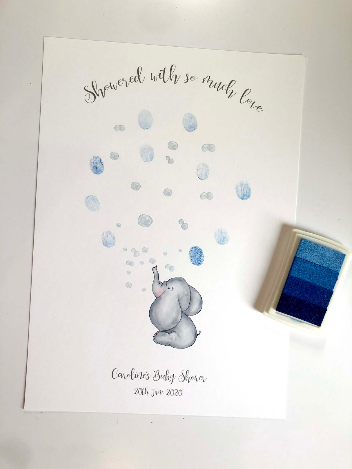 Personalised elephant baby shower fingerprint print, Elephant-themed baby shower keepsake, Custom elephant fingerprint print