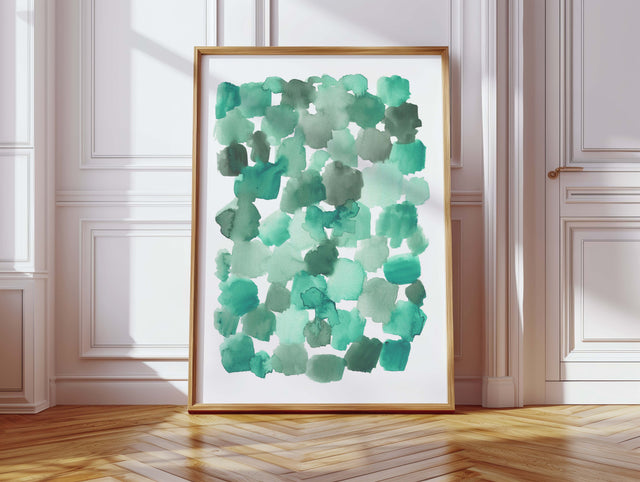 Stylish and serene abstract print with soft emerald watercolor elements.