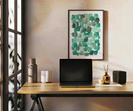 Artistic watercolor design with flowing emerald green shapes, perfect for a tranquil space.