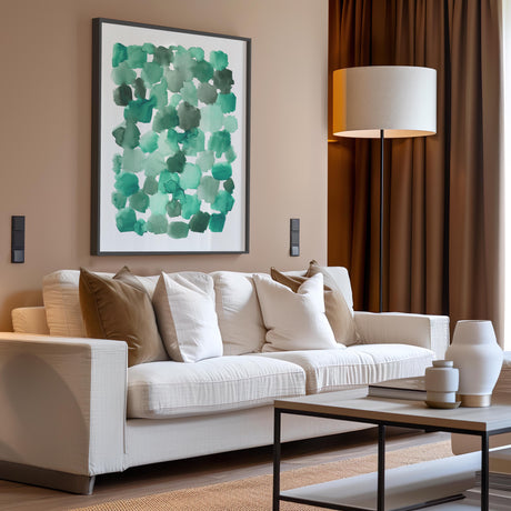 Minimalist art print with fluid emerald watercolor forms on a light background.