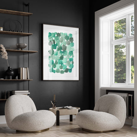 Contemporary abstract print with layered emerald hues and gentle brushstrokes.