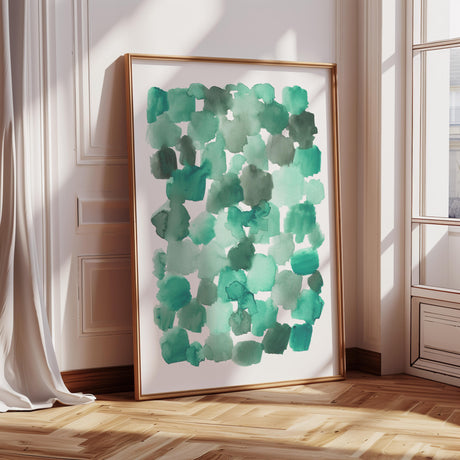 Abstract watercolor print featuring soft emerald green shapes blending beautifully.