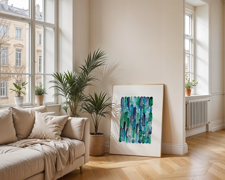 Painted by Sunlight collection piece showing stripes of blue and green in a flowing watercolour style. Indigo and emerald stripes fade together in a calming abstract watercolour painting.