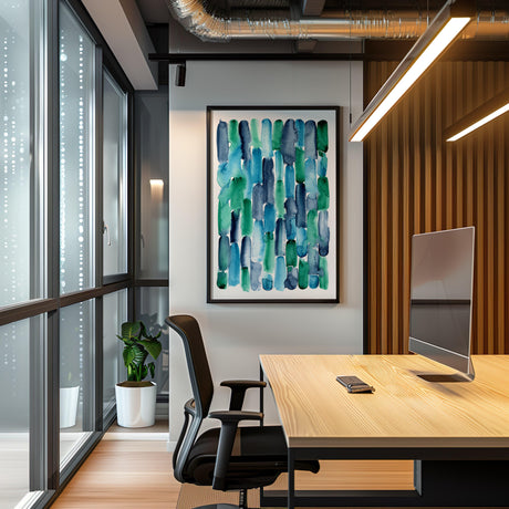 Abstract indigo, blue and emerald watercolour painting called Emerald Tide, perfect calming art for modern office decor.