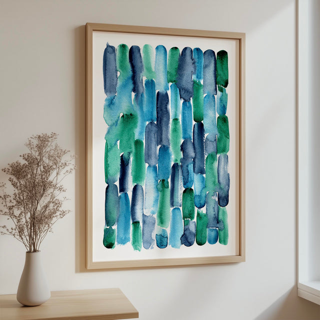Loose, flowing watercolour stripes capturing the rhythm of ocean tides in green and blue hues. Abstract watercolour painting with emerald green, indigo, and blue stripes blending in harmony.