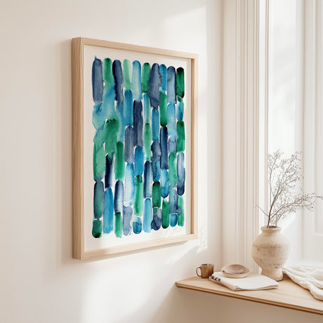 Flowing vertical stripes of blue and green in a loose, nature-inspired watercolour artwork. Soft blending of emerald green and indigo stripes in an abstract sea-inspired painting.