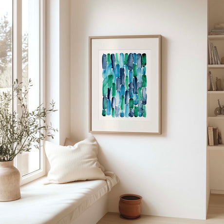 Flowing indigo, blue and emerald green stripes blend in a loose watercolour painting called Emerald Tide. Abstract water-inspired loose watercolour art with indigo and green hues merging softly.