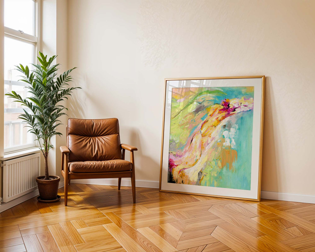 Abstract art print in vibrant summer colours of pink, orange, and turquoise.