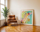 Abstract art print in vibrant summer colours of pink, orange, and turquoise.