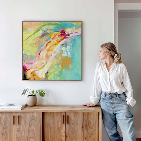 Modern abstract art print featuring coral pink and teal hues.