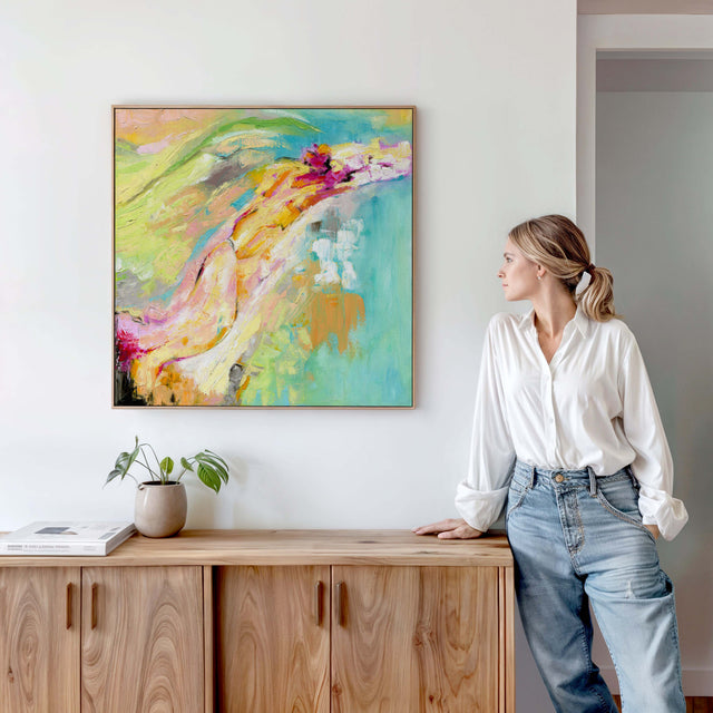 Modern abstract art print featuring coral pink and teal hues.