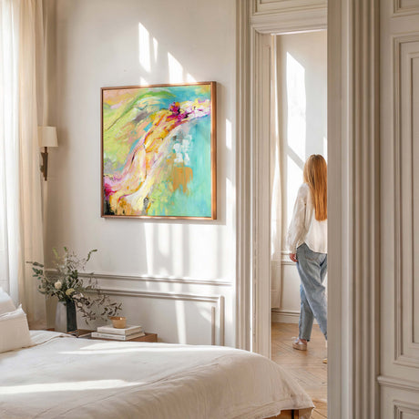 Abstract print in pink, orange, and green summer tones.