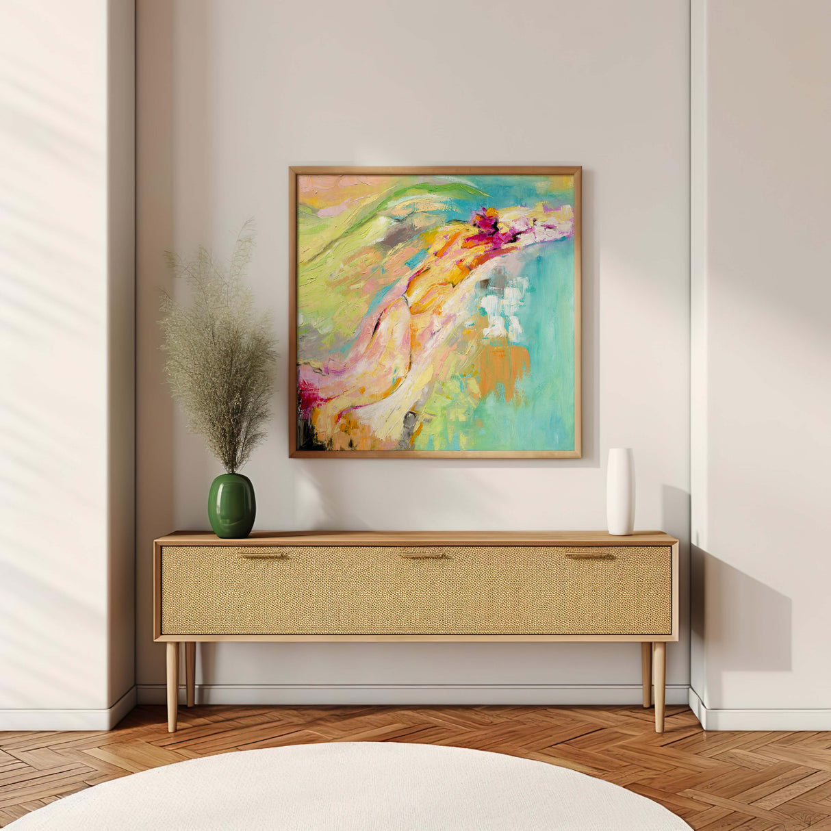 Pink and turquoise abstract art print for modern interiors.