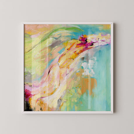 Abstract seascape-inspired print with coral and teal tones.