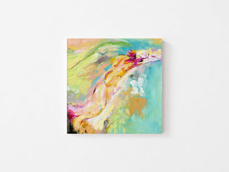 Bright abstract print with bold brushstrokes and ocean tones.