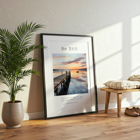 Exodus 14:14 - Faith wall art print with soft watercolour lake scene, wooden dock and gentle sunset glow.