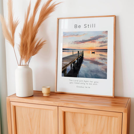 Exodus 14:14 - Bible verse print featuring a tranquil dock stretching across still water at sunset.