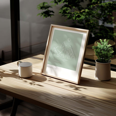 Matthew 17 20 inspirational print with elegant typography on light green background for Christian homes.