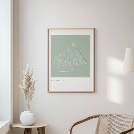Christian scripture art print with mountain-themed minimalist design and message of hope from Matthew 17 20.