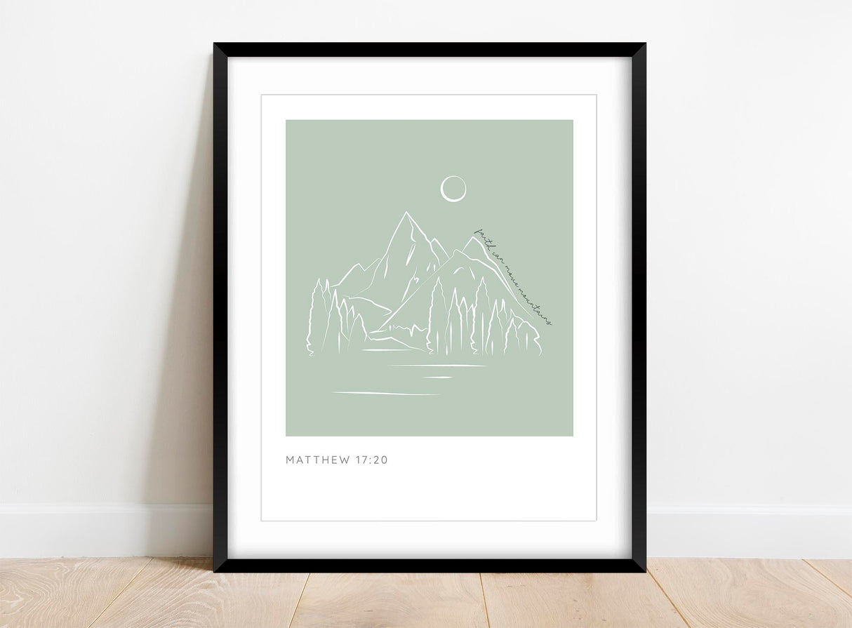 Modern Christian decor: faith can move mountains print, Minimalist faith-themed line art in serene sage green