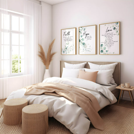 Set of three Christian art prints featuring faith, hope, and love verses with botanical accents.