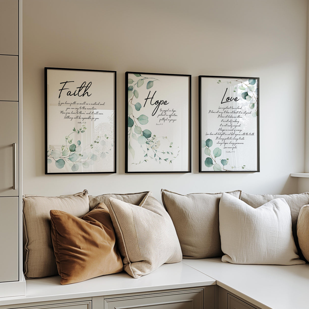 Hope-themed scripture print with a botanical design and Romans 12:12 words of encouragement.