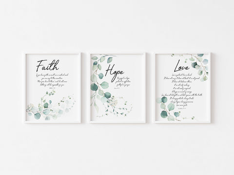 Botanical Bible Verse Faith Hope Love Prints, Eucalyptus Scripture Art ...