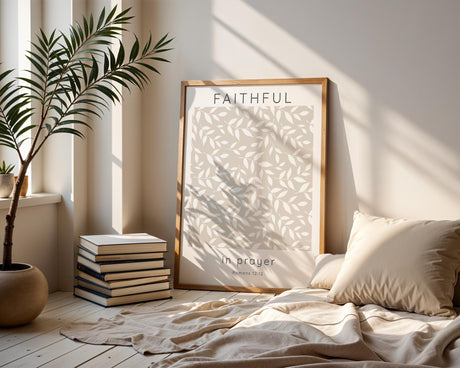 Beige and white prayer-themed wall art with minimalist leaf detail and inspirational scripture from Romans