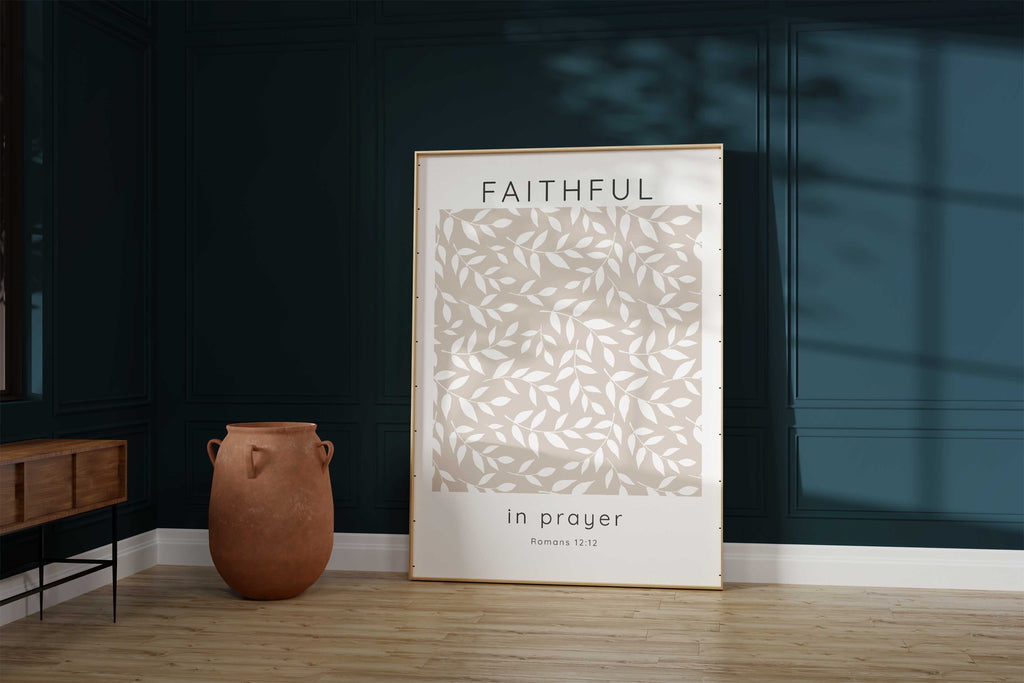 Romans 12:12 Faithful in Prayer Decor with Leaf Illustration, Graceful Beige and White Prayer Quote Artwork for Walls