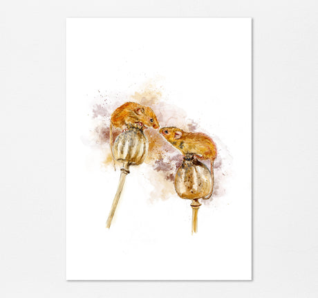 Charming watercolor field mouse print for rustic farmhouse decor, Adorable field mice on poppy seed pods, Elegant field mouse print
