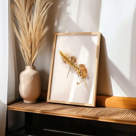 Watercolour print of two field mice in a wheat field, with warm tones and soft countryside charm.