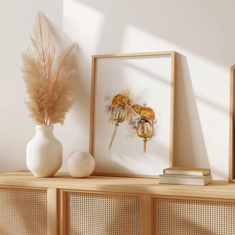 Charming field mouse art with poppy seed pods, painted in a soft rustic style for cosy kitchen or room decor.