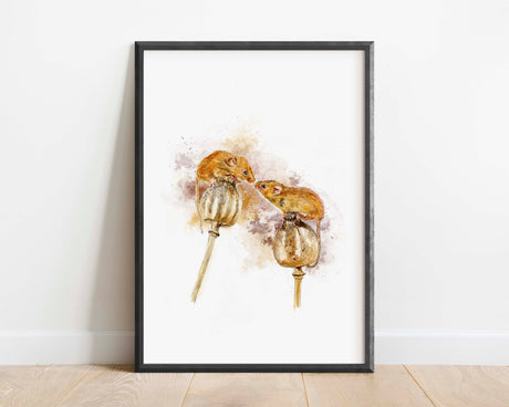 Charming watercolor field mouse print for rustic farmhouse decor, Adorable field mice on poppy seed pods, Elegant field mouse print