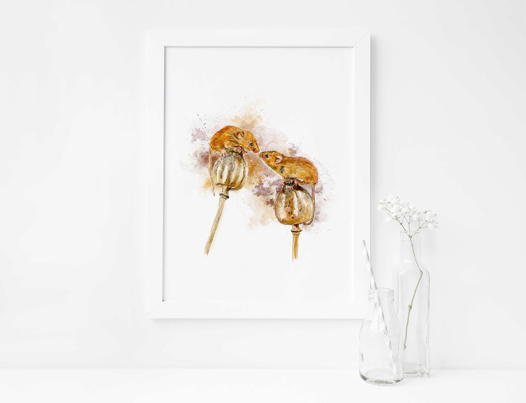 Delicate poppy seed pods with two mice – a rustic room standout, Elegant field mouse print, ideal for modern rustic farmhouse wall decor