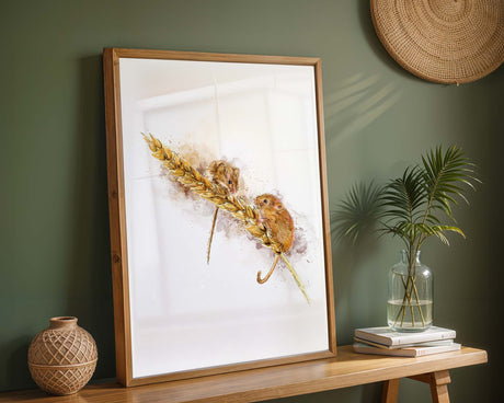 Peaceful watercolour art of field mice nestled in a wheat field, perfect for rustic home decor.