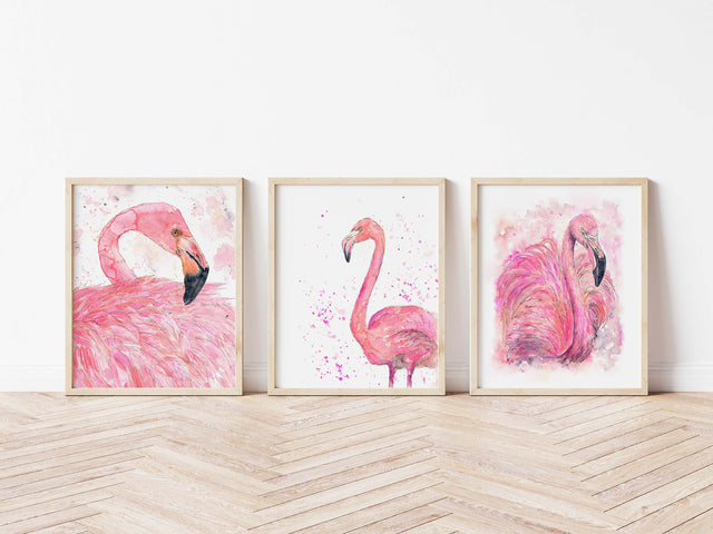 Watercolour Flamingo Wall Art, Pink Flamingo Home Decor 3 Print Set, Elegant Pink Flamingo Wall Art Trio for a Tropical Oasis